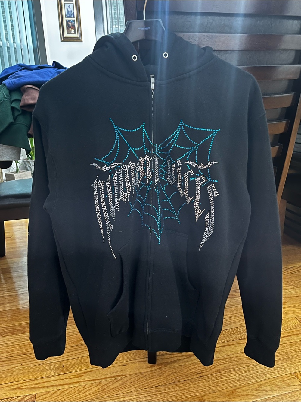 Black Rhinestone Humanvices Zip up Hoodie